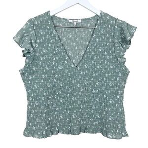 Madewell Womens Lucie V-Neck Smocked Top in Cottage Garden Green Size 14 Cropped